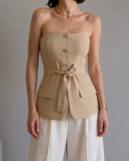 Strapless tailored top with belt