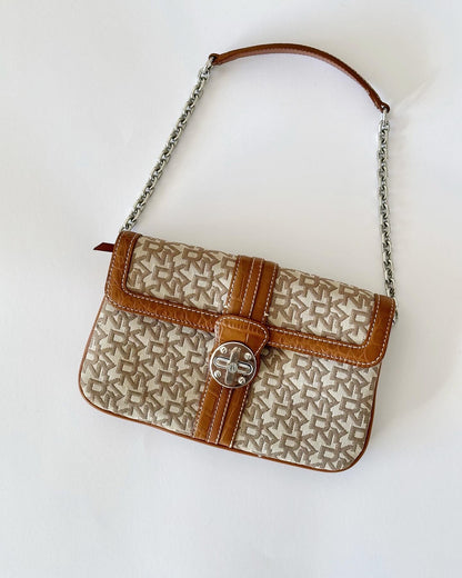 Trendy vintage DKNY mini baguette bag with monogram print