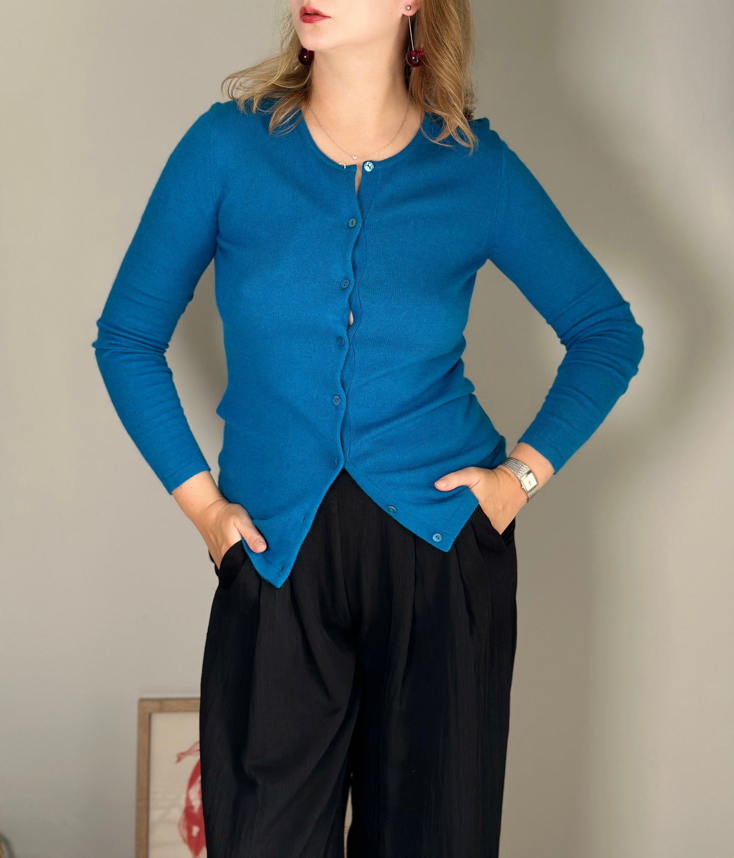 Striking vintage blue silk/cashmere cardigan