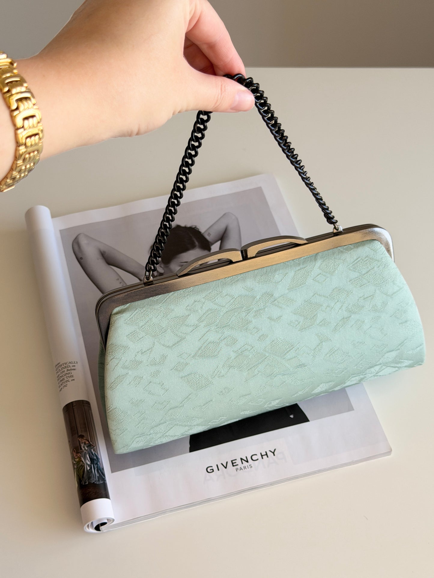 Unique vintage silk clutch bag with mirror