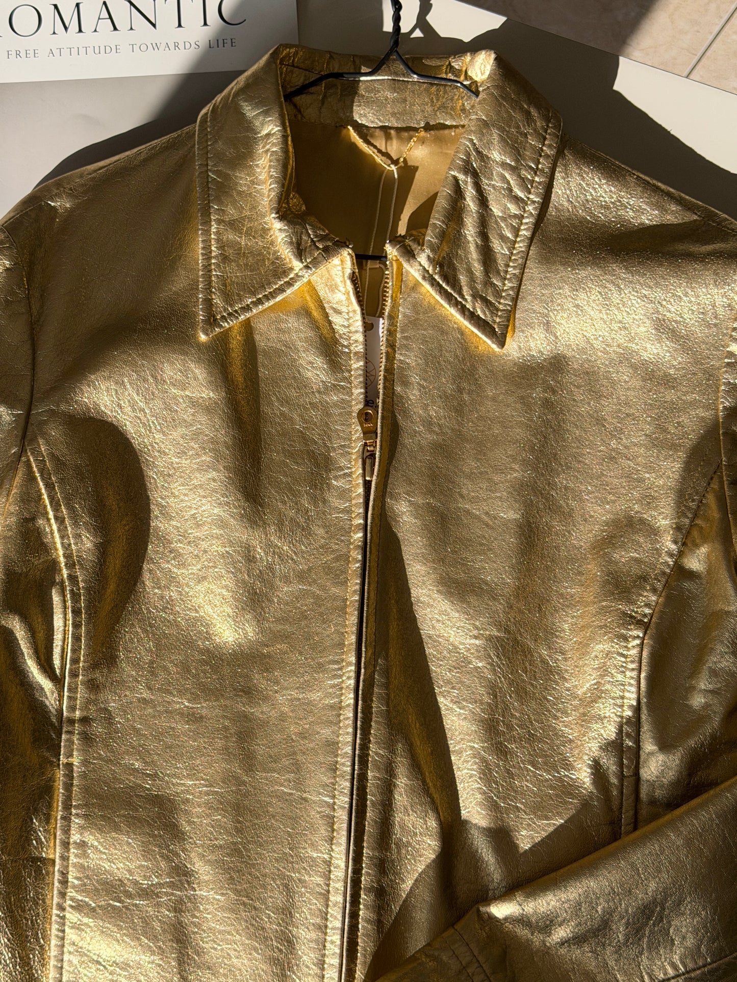 Vintage real leather metallic gold jacket