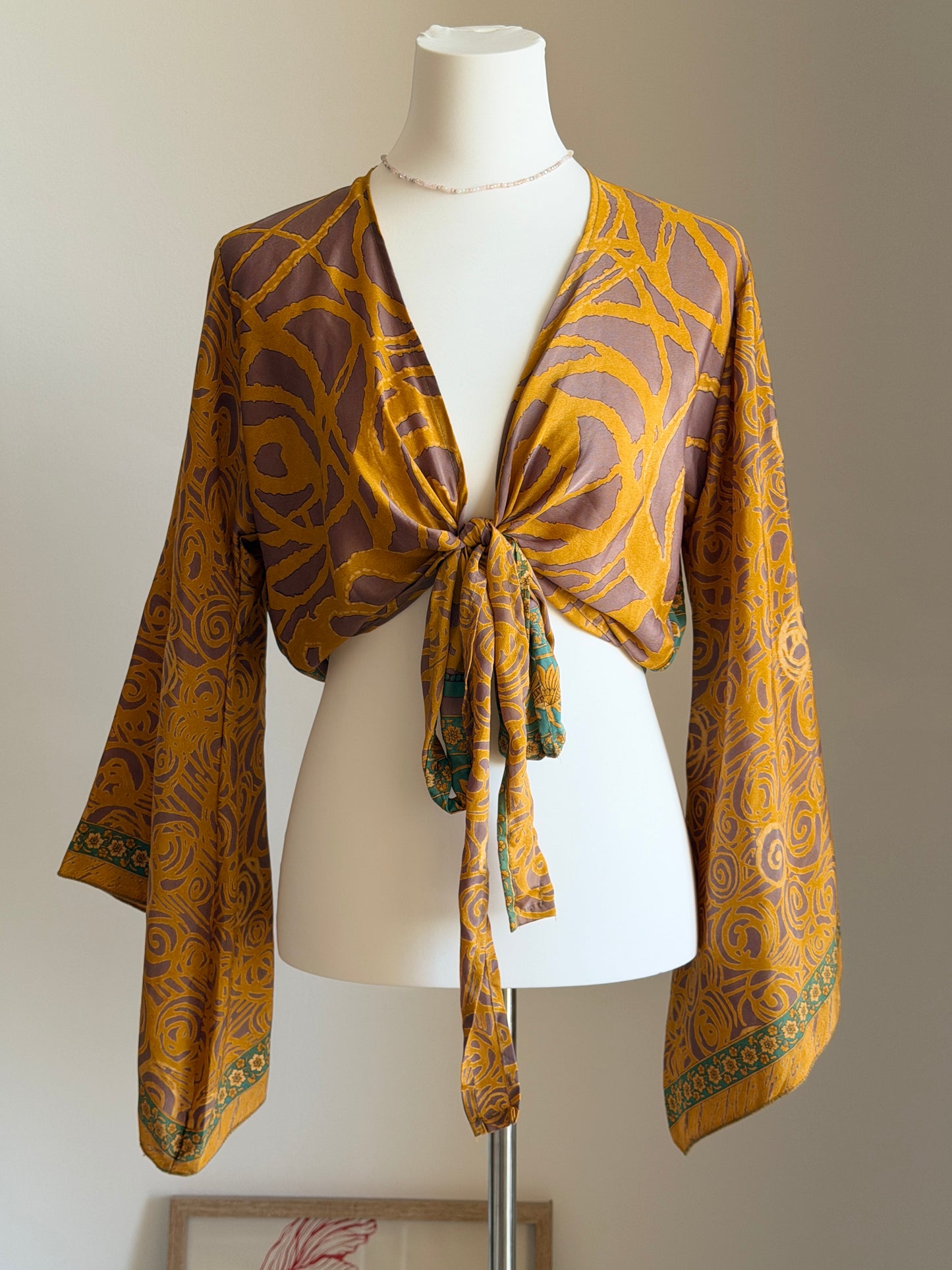 Silk blend bohemian tie-front top
