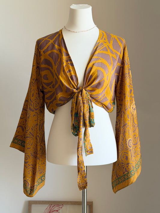 Silk blend bohemian tie-front top