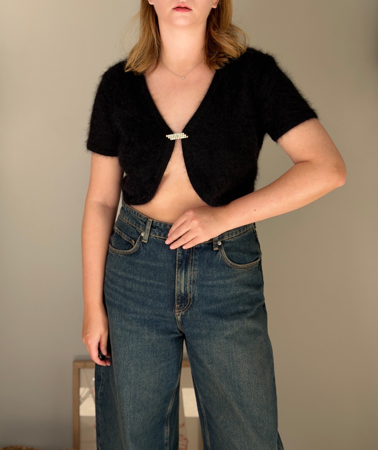 Chic black cropped angora cardigan
