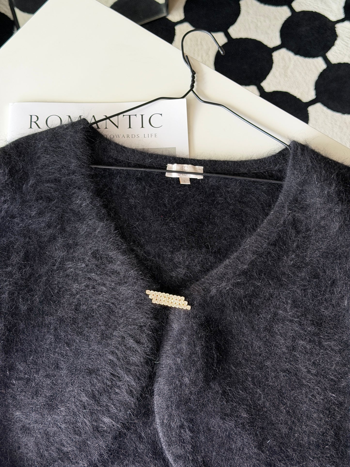 Chic black cropped angora cardigan
