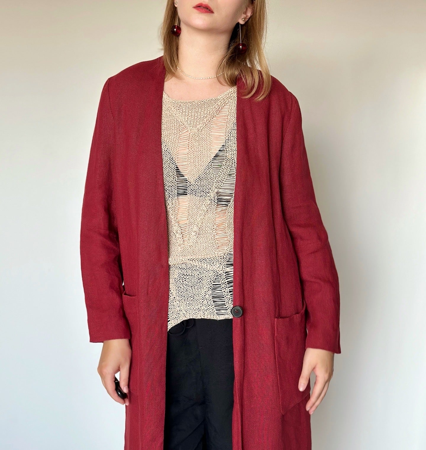 Red linen duster coat Zara