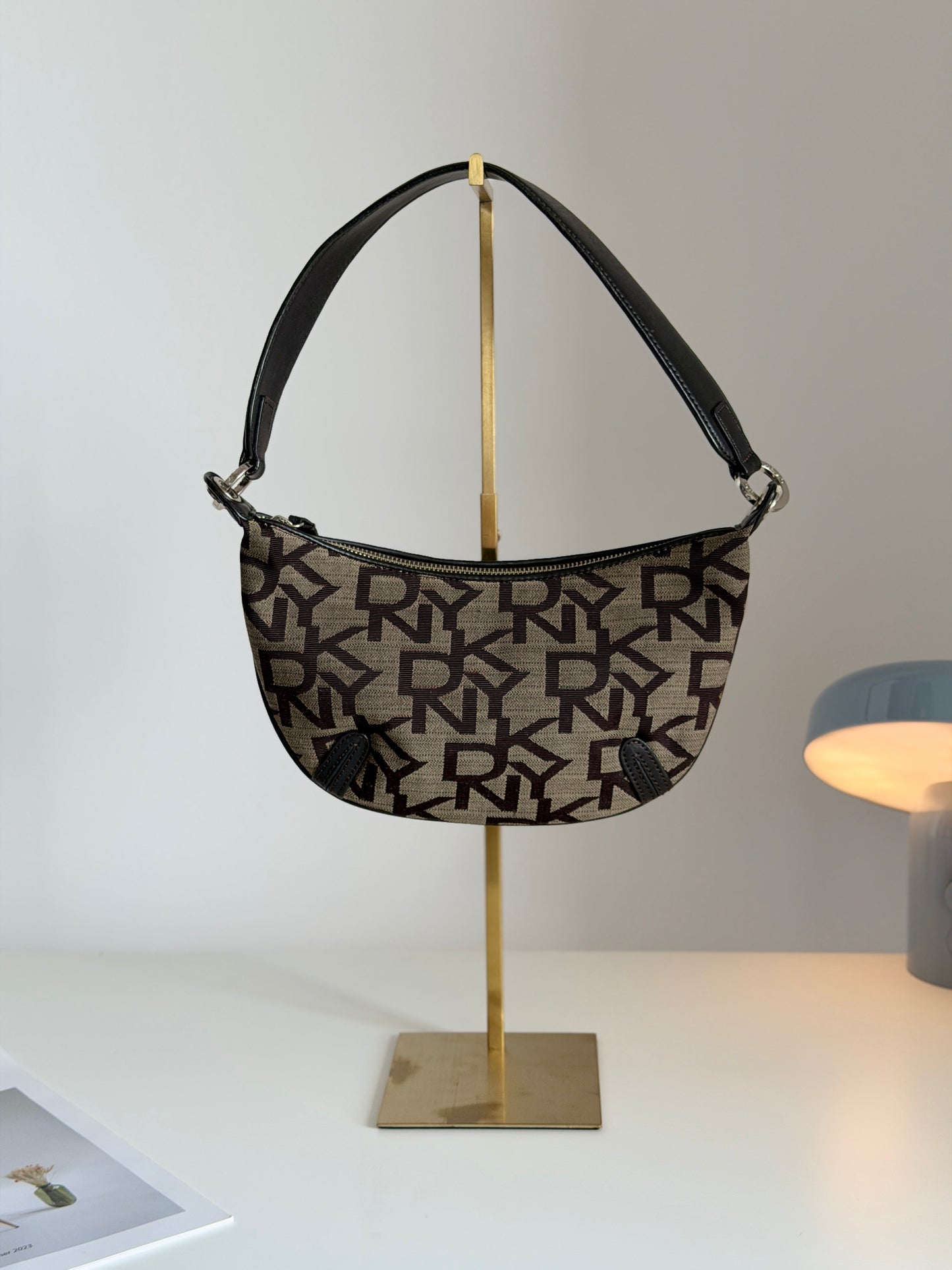 Classic vintage DKNY shoulder bag in beige/grey canvas