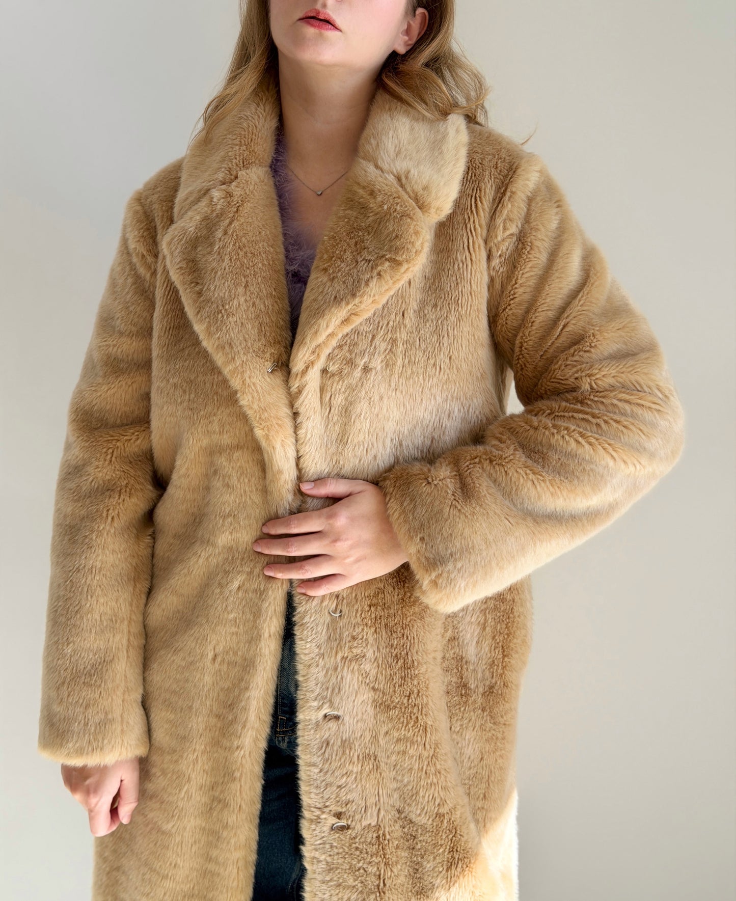 Chic beige faux fur midi coat