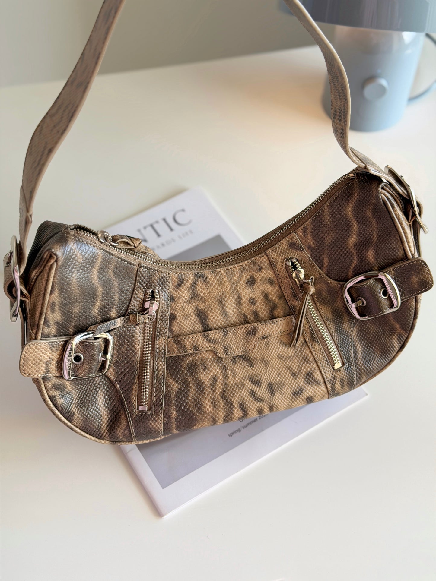 Stylish vintage DKNY shoulder bag in a snakeskin pattern