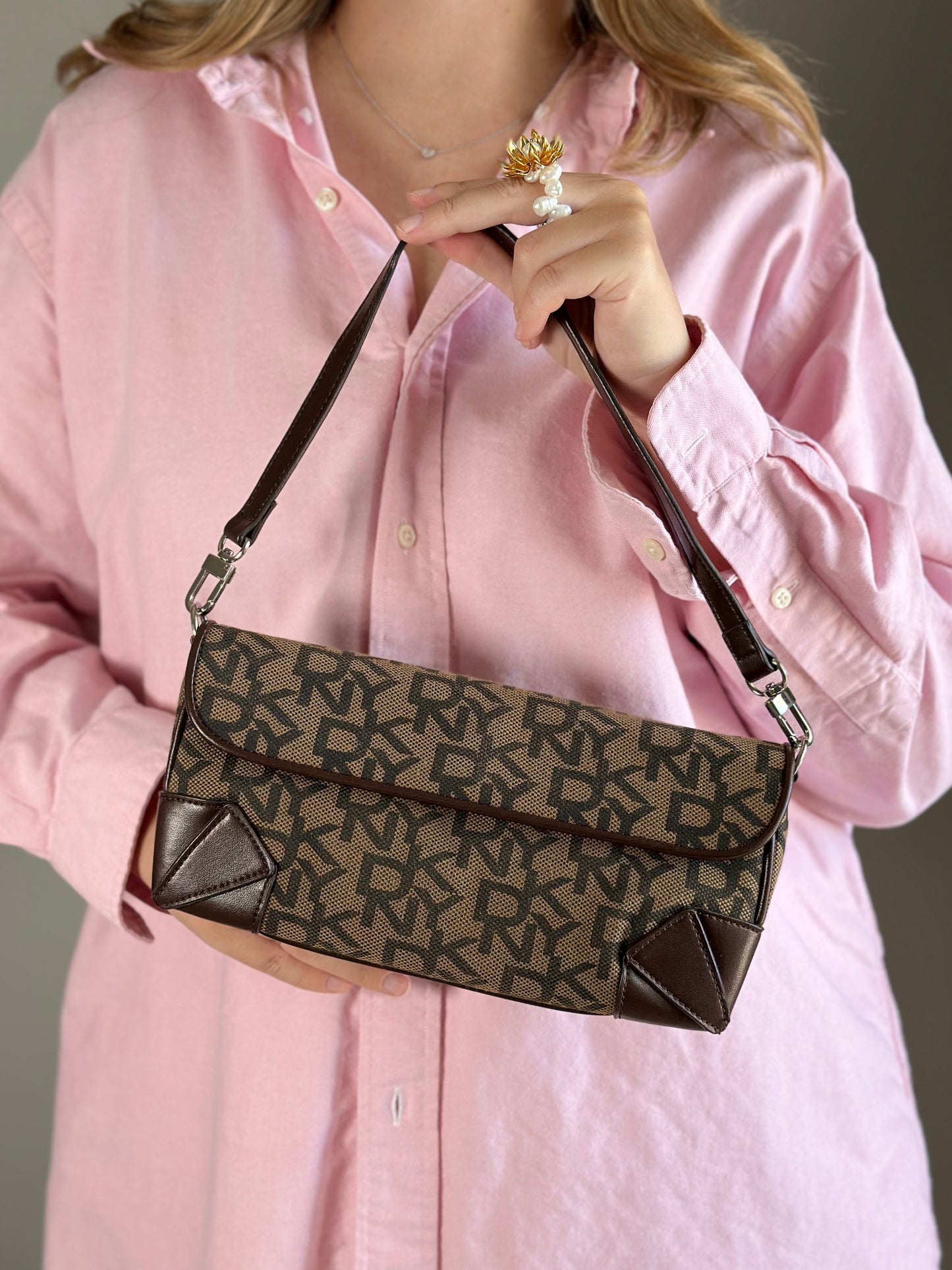 Chic vintage DKNY baguette bag with a rich brown monogram pattern
