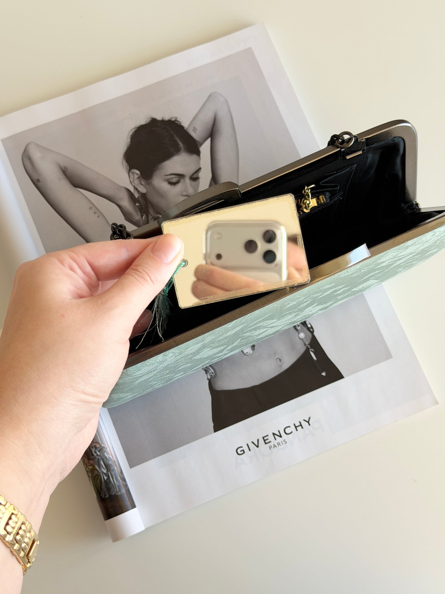 Unique vintage silk clutch bag with mirror