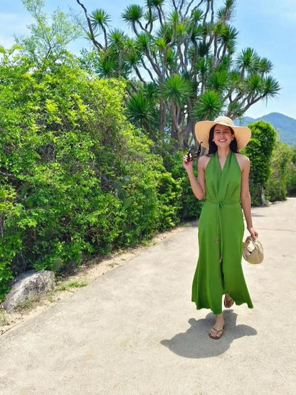 Vibrant green halter-neck linen dress