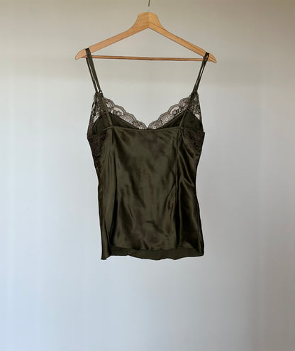 Vintage khaki green silk top with lace