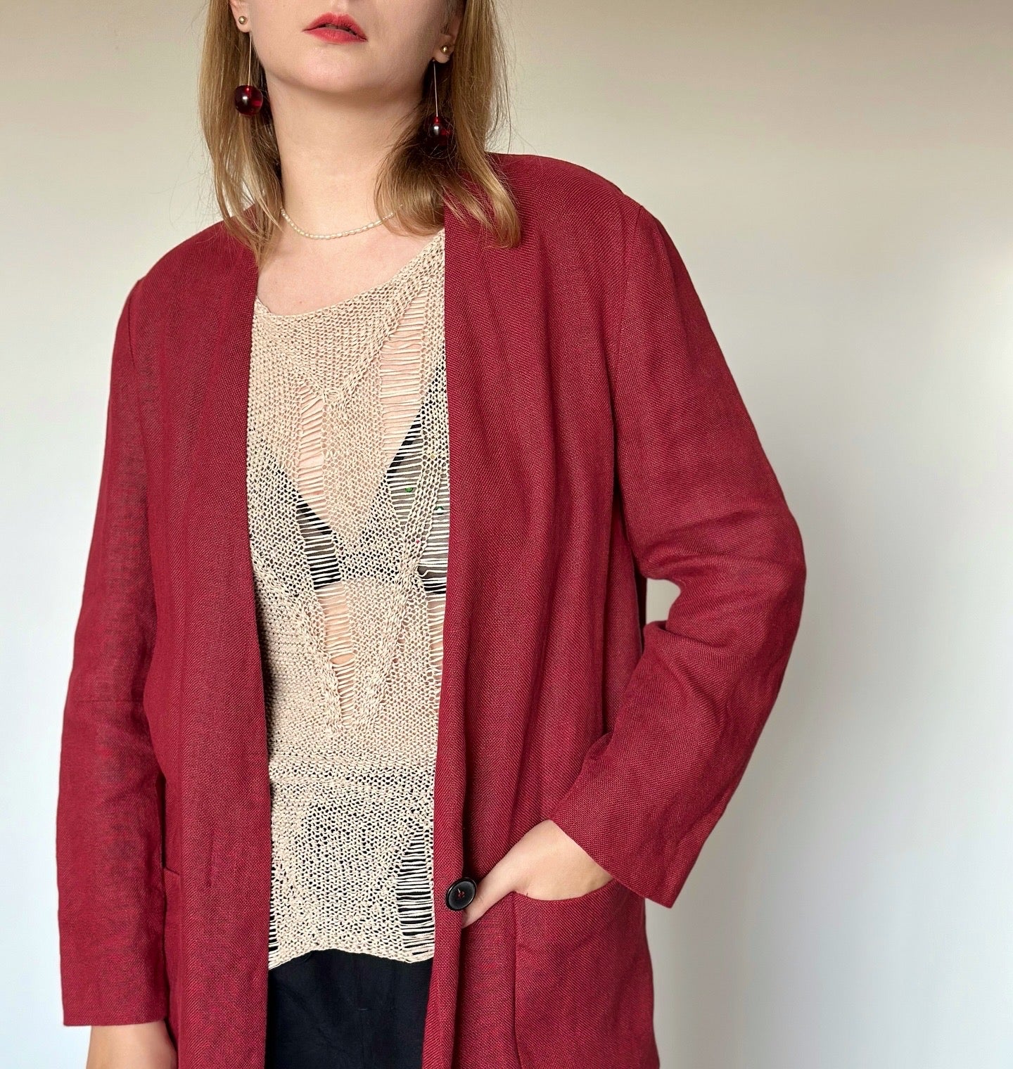 Red linen duster coat Zara