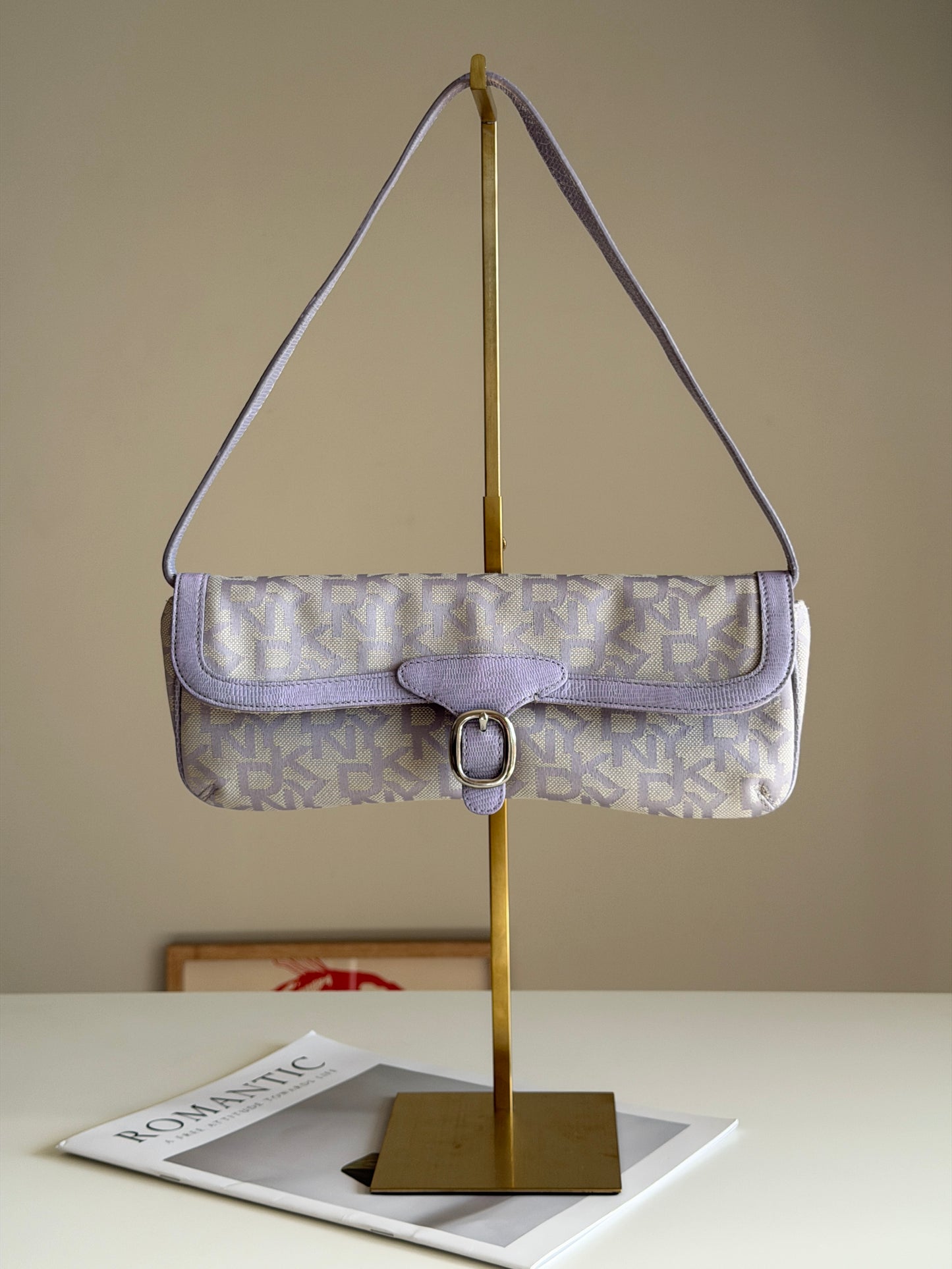 Charming vintage DKNY baguette bag in lilac colour