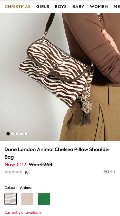 Striking Dune London shoulder zebra bag