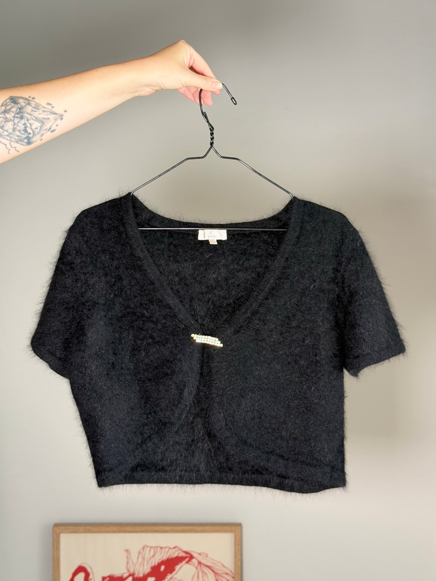 Chic black cropped angora cardigan