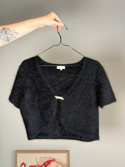 Chic black cropped angora cardigan