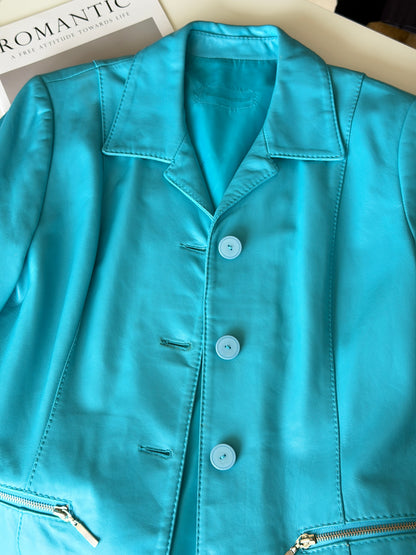 Vintage leather jacket in striking turquoise shade