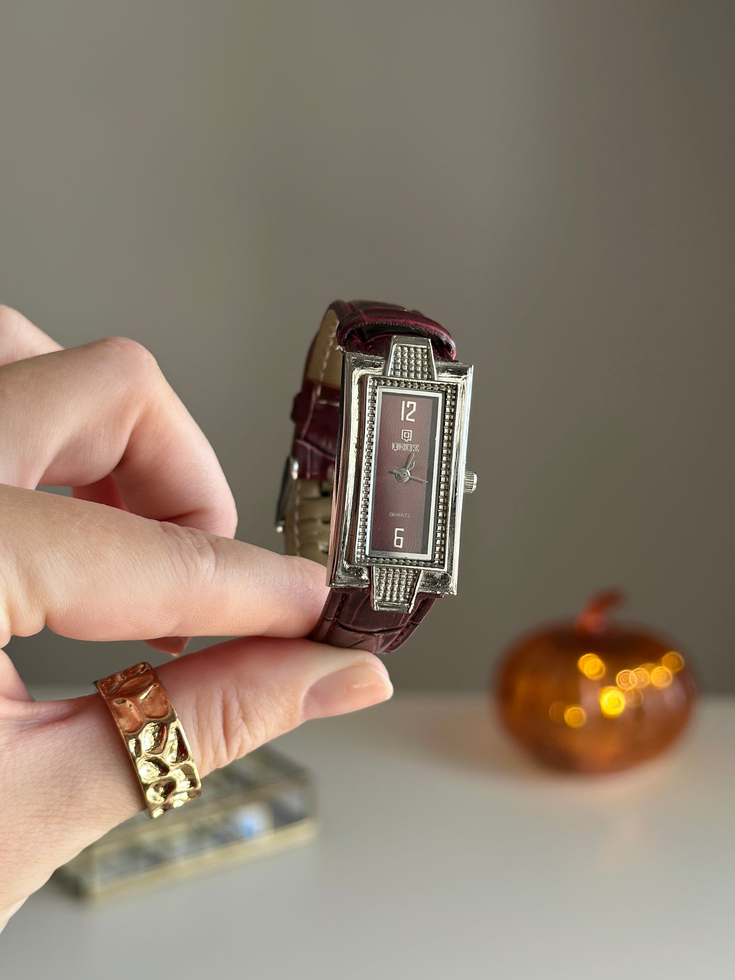 Classic watch with burgundy leather strap