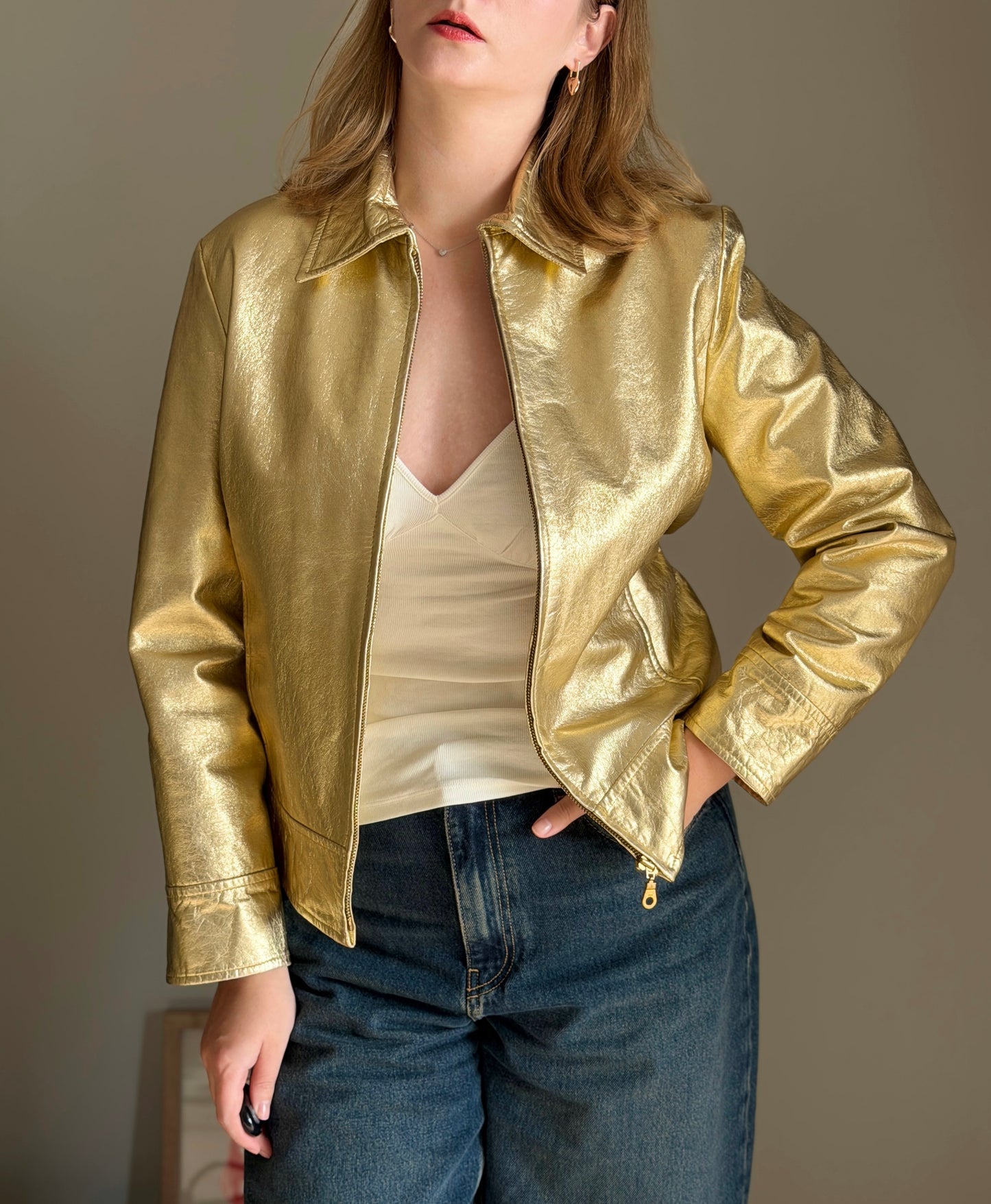 Vintage real leather metallic gold jacket