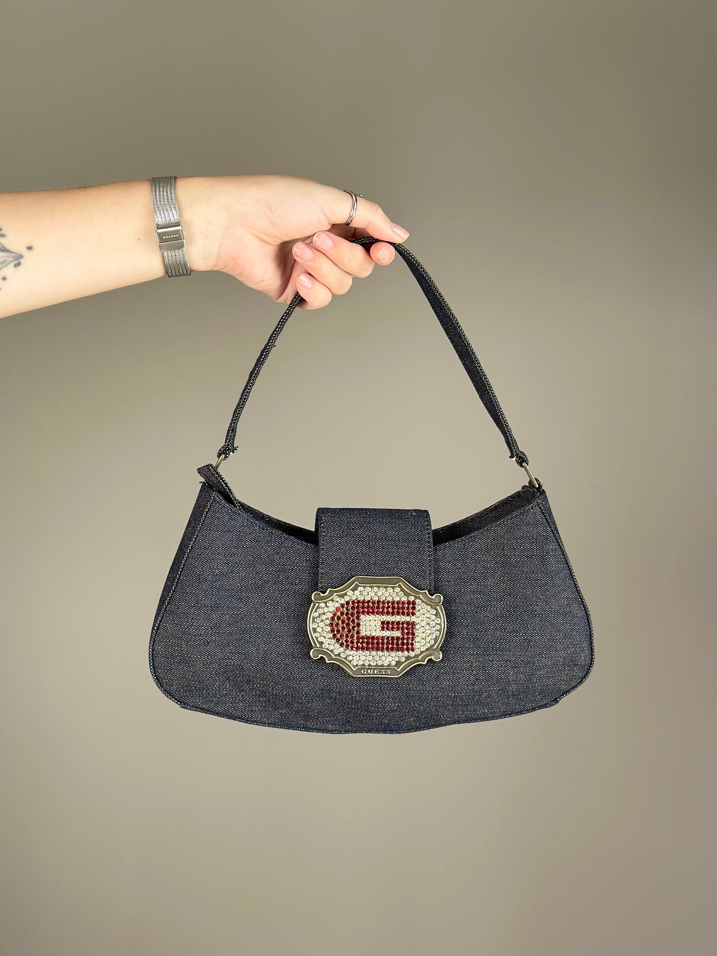 Stunning denim shoulder bag Guess with rhinestones Y2K