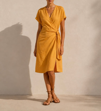 Orange linen blend wrap dress