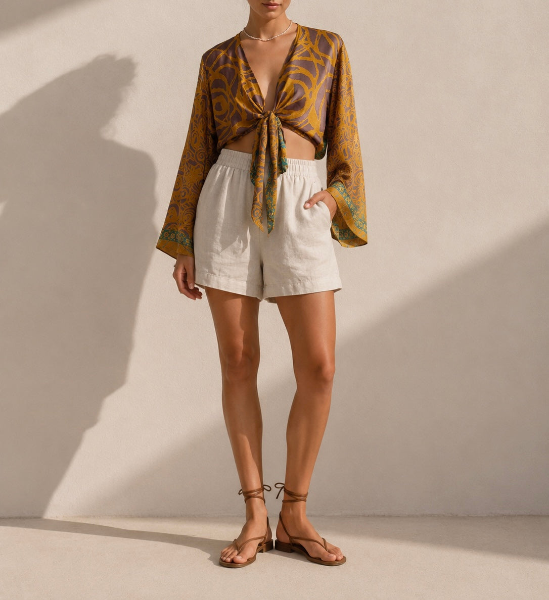 Silk blend bohemian tie-front top
