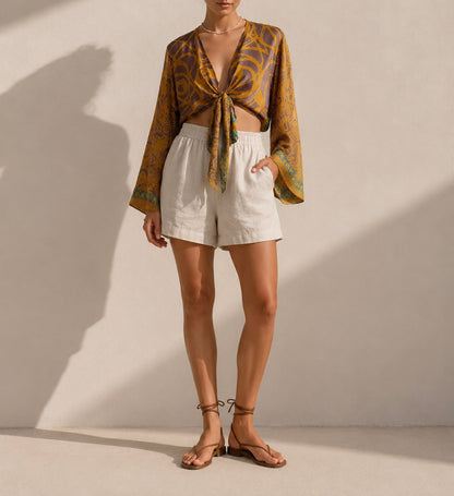 Silk blend bohemian tie-front top