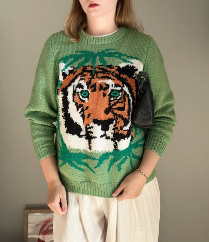 Amazing vintage green knit sweater with tiger