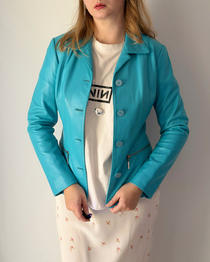 Vintage leather jacket in striking turquoise shade