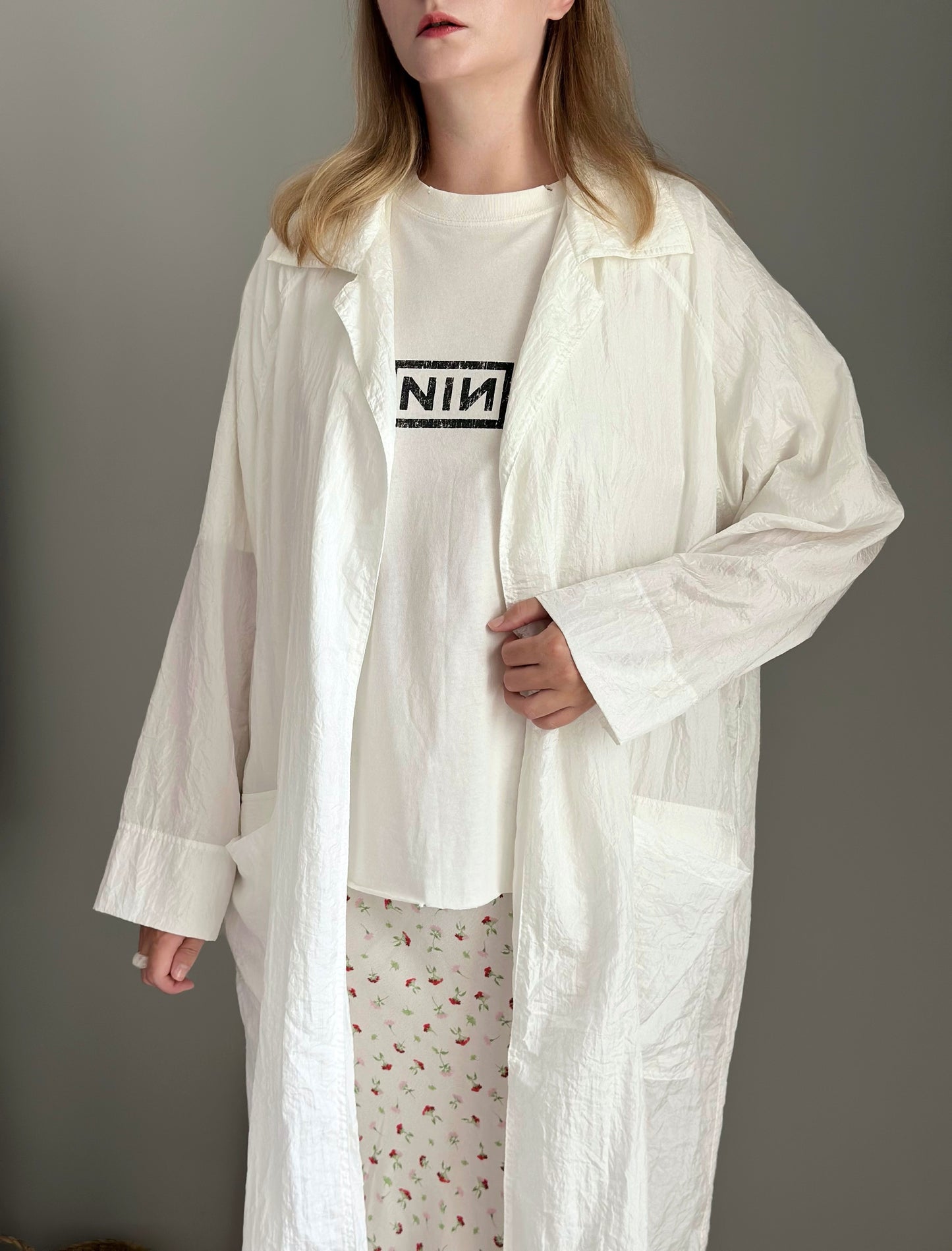 Lightweight oversized white duster coat