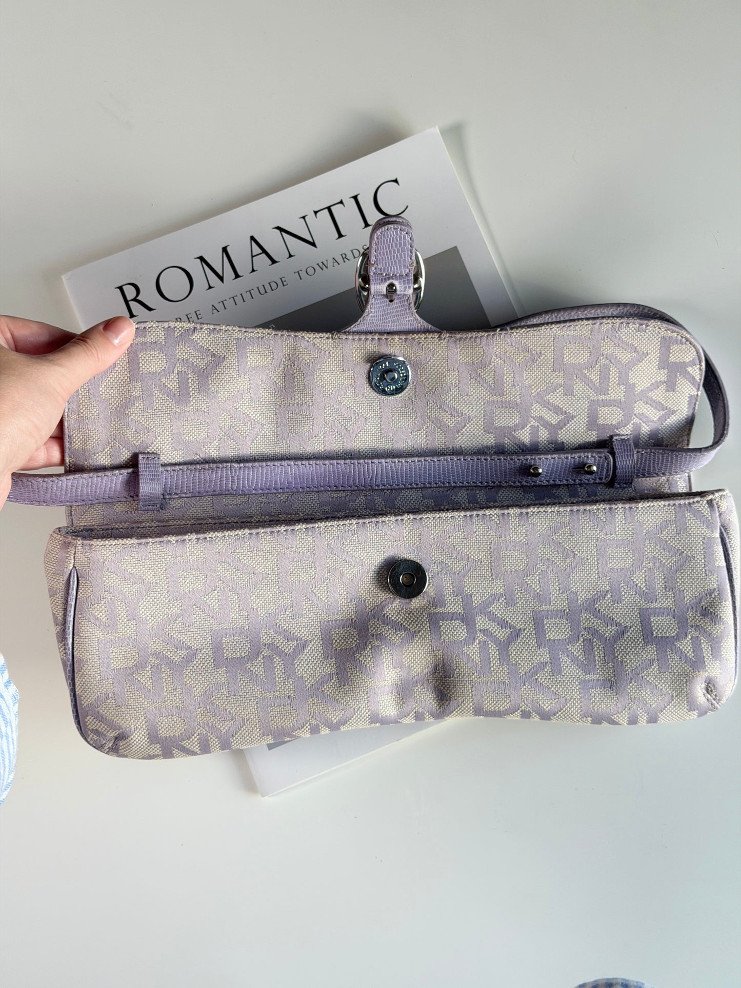 Charming vintage DKNY baguette bag in lilac colour
