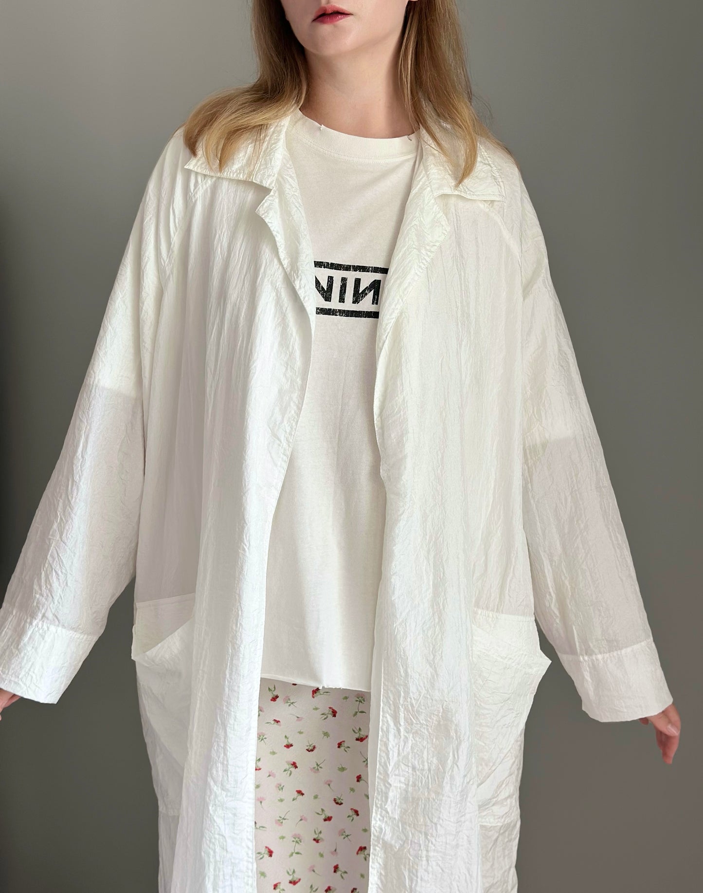 Lightweight oversized white duster coat