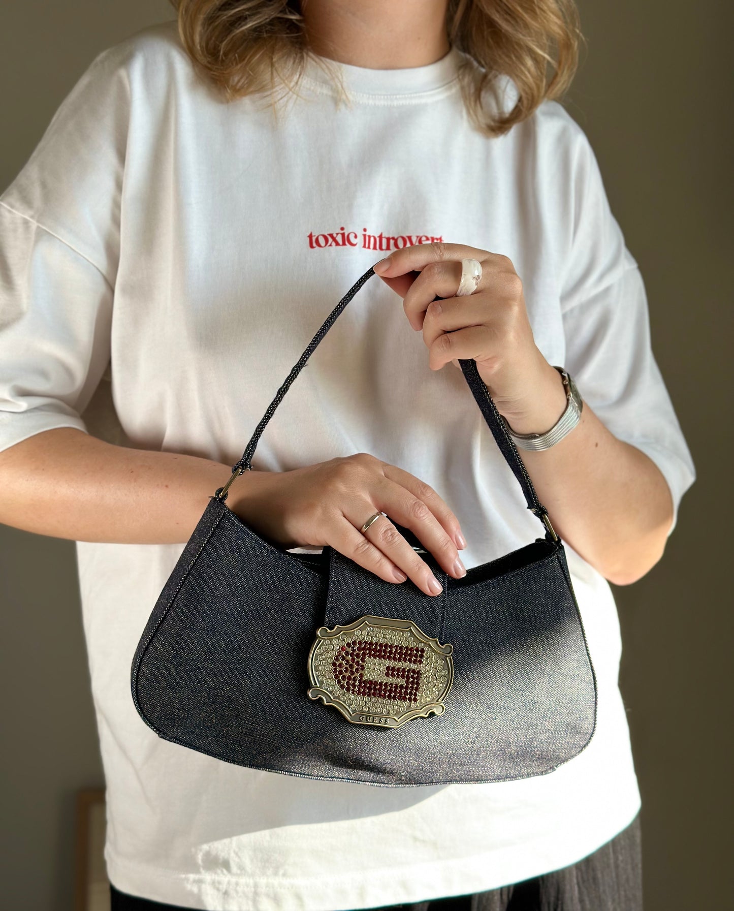 Stunning denim shoulder bag Guess with rhinestones Y2K