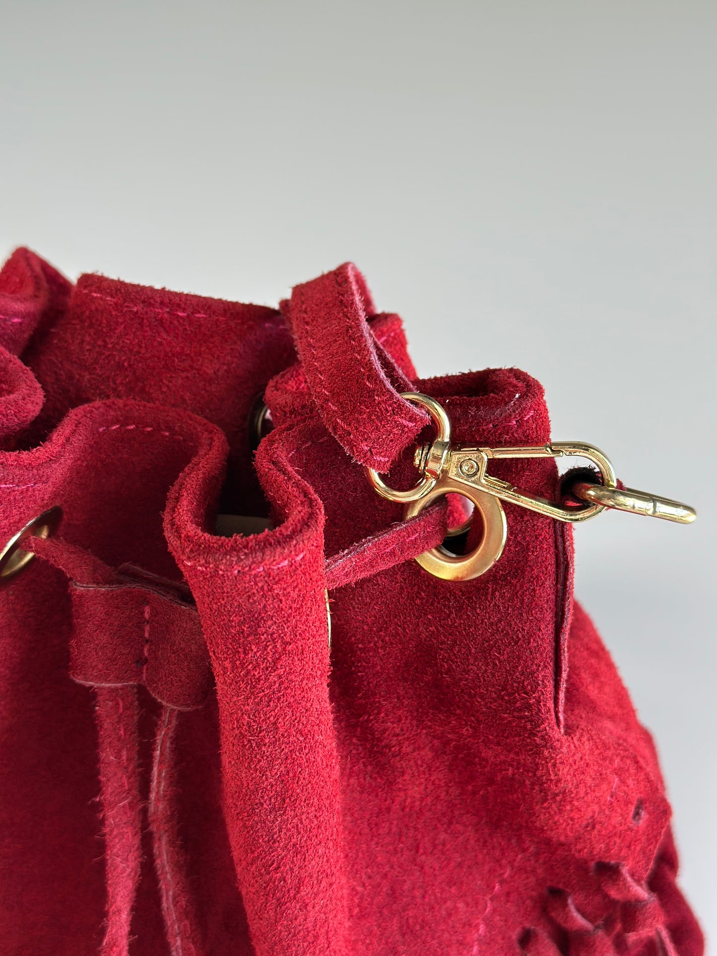 Dark red vintage suede bucket bag