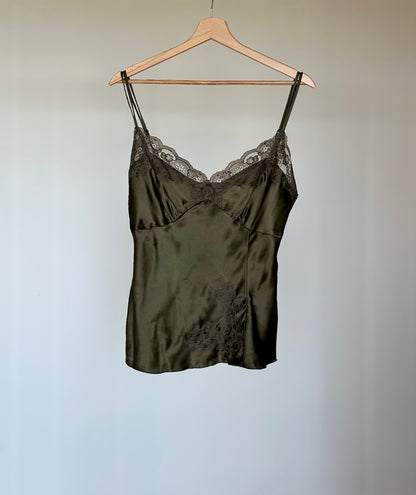 Vintage khaki green silk top with lace