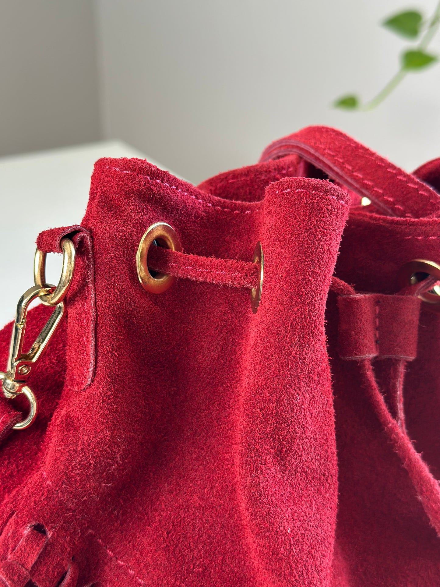 Dark red vintage suede bucket bag