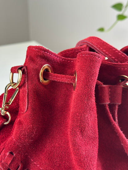 Dark red vintage suede bucket bag