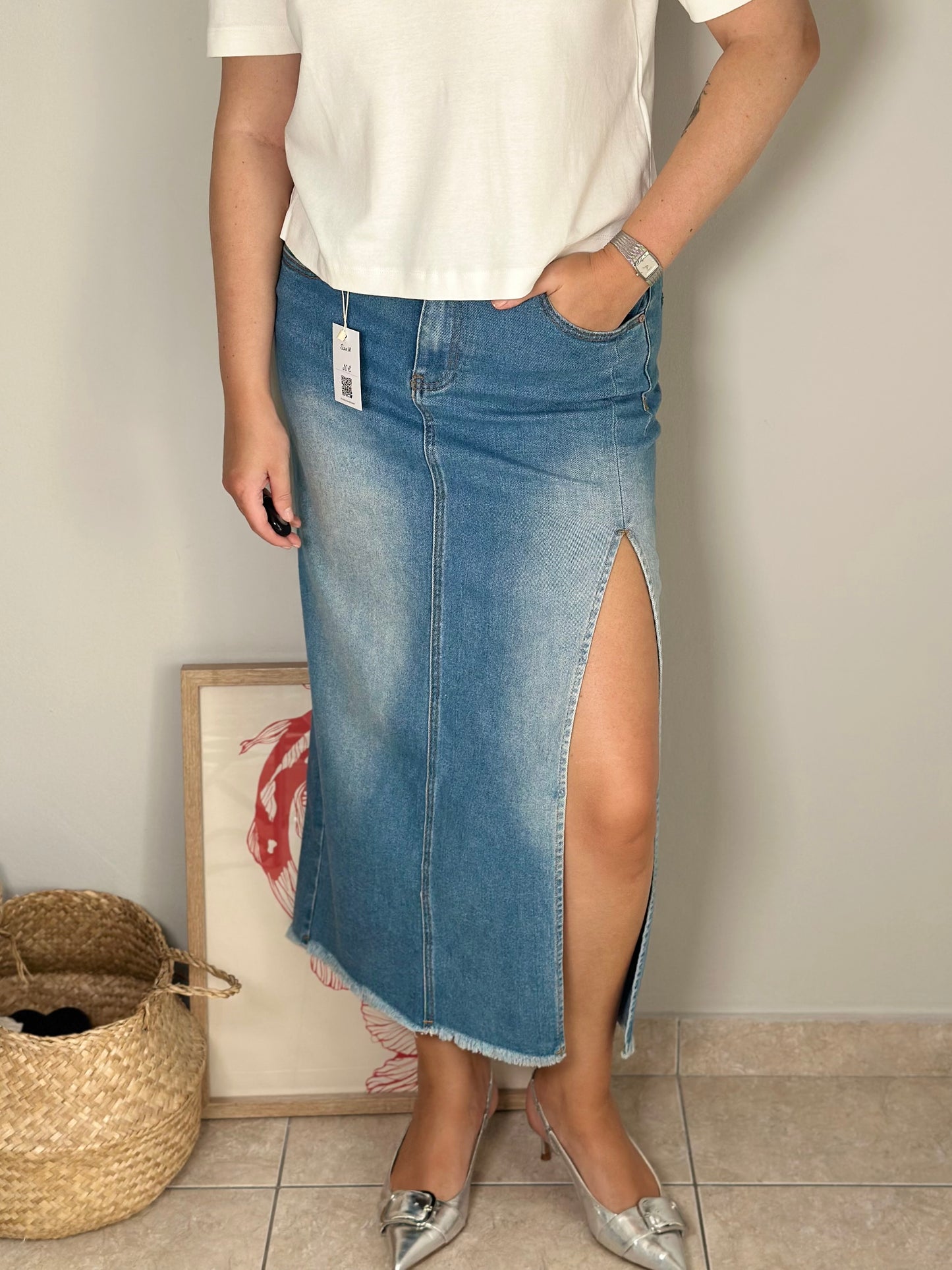 Denim maxi skirt with slit