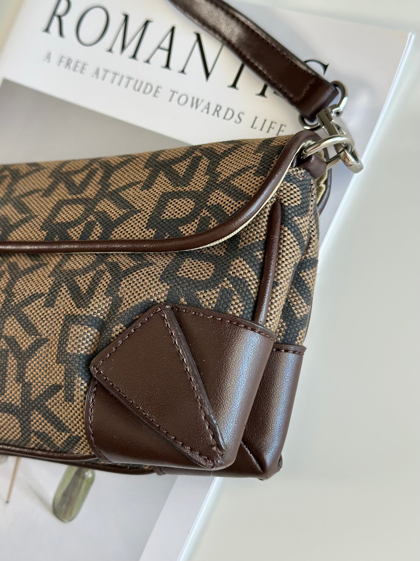 Chic vintage DKNY baguette bag with a rich brown monogram pattern