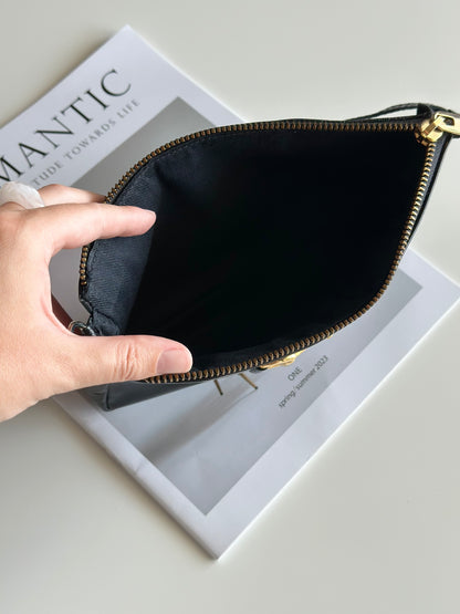Minimalist black real leather baguette bag