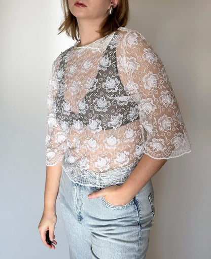 Beautiful vintage lace blouse with flowers and beads