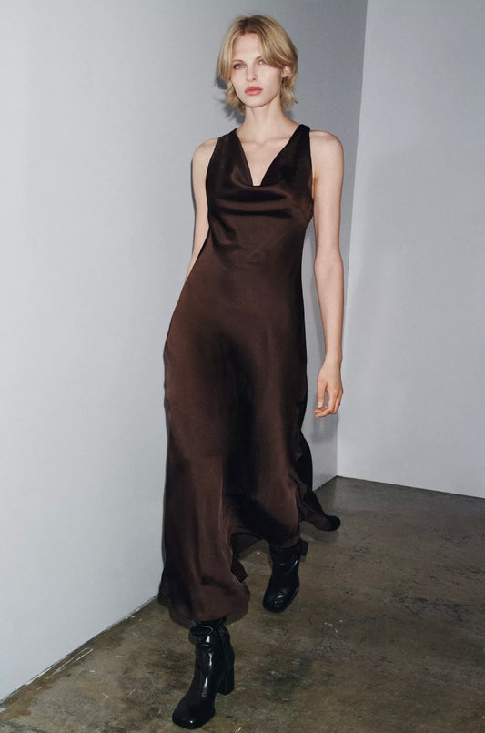 Elegant chocolate brown maxi dress Zara