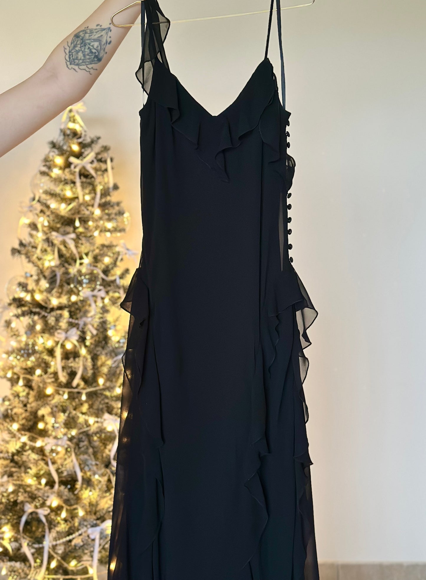 Incredible vintage evening slip dress with ruffles by Linda Bernell (1990s era)