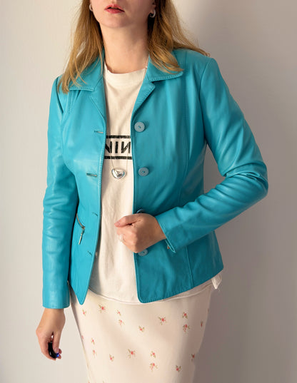 Vintage leather jacket in striking turquoise shade