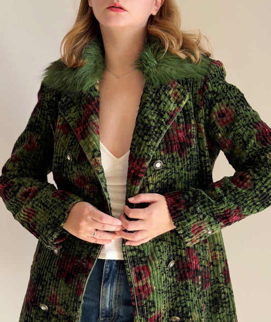 Unique vintage corduroy coat with faux fur collar