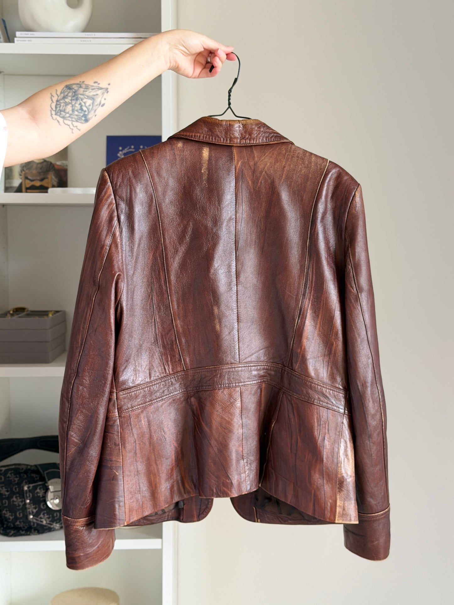 Vintage distressed leather jacket in rich brown tone