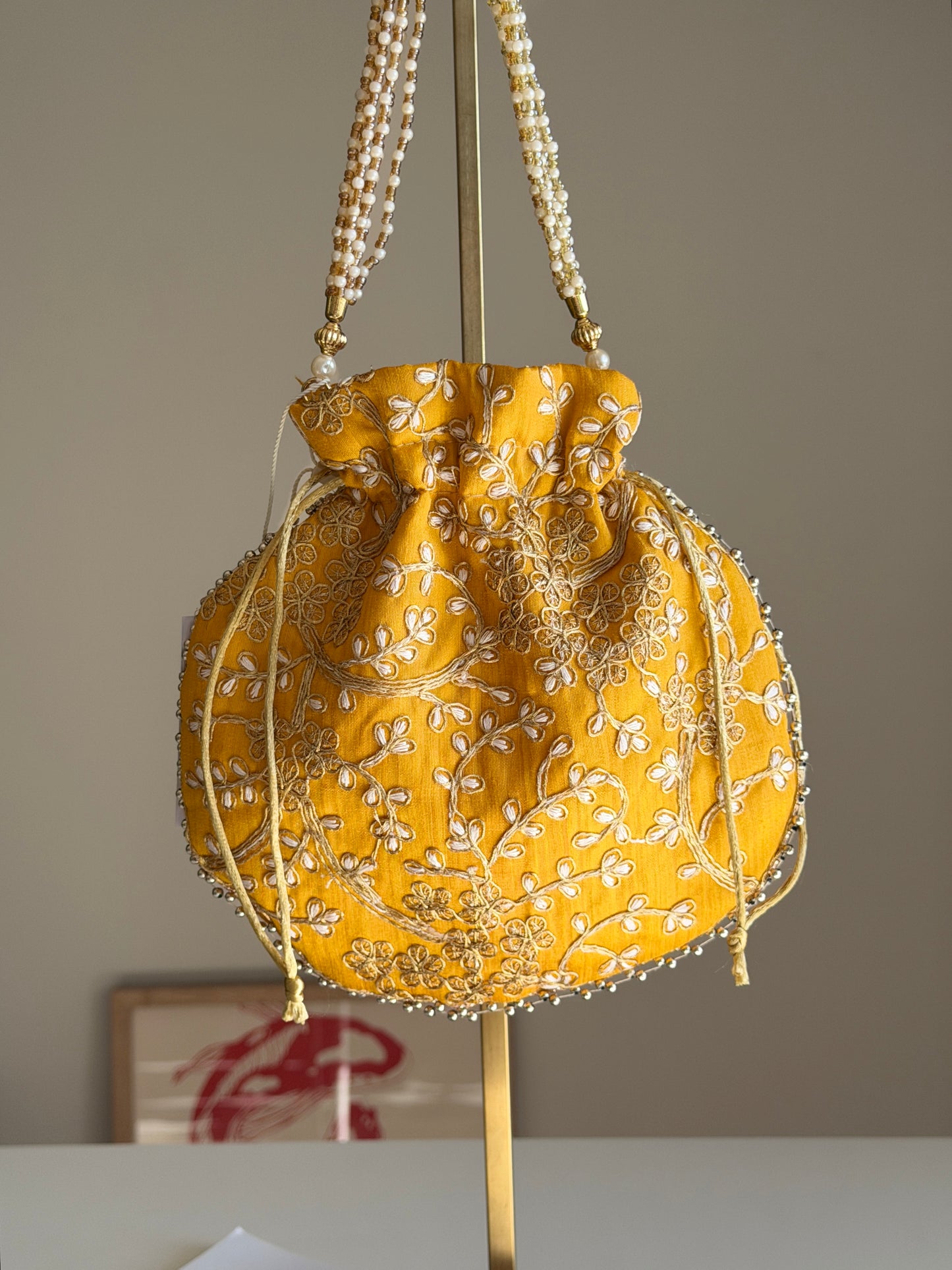 Charming vintage drawstring yellow bag
