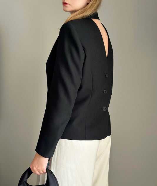 Striking vintage black blazer with open back
